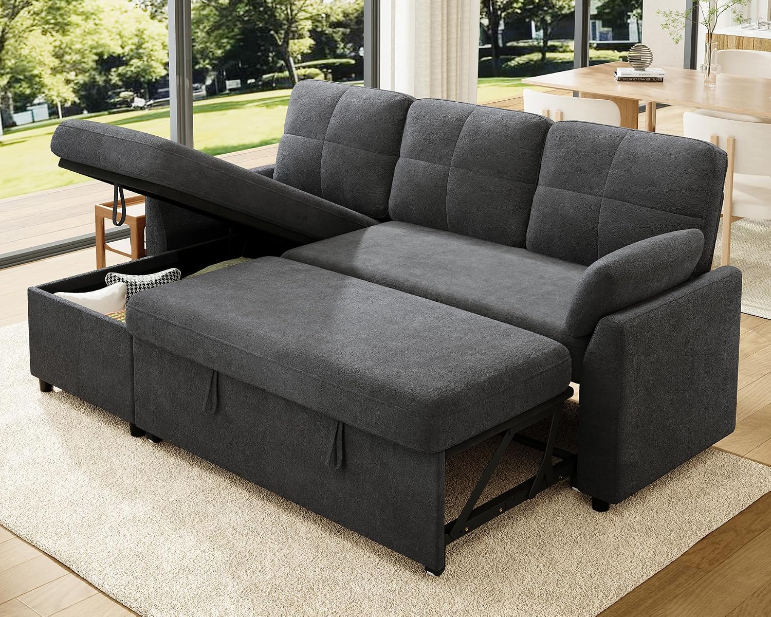 Jocisland L Shaped Sofa Bed, Sleeper Sofa with Storage Chaise, Convertible Couch Bed with Pull Out Couch for Living Room, Linen Gray