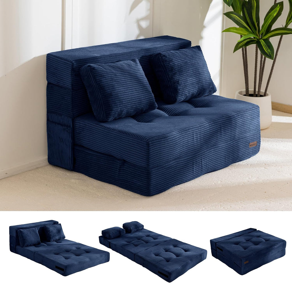 MAXYOYO Convertible Sofa Bed, Fold Out Sleeper Sofa with Pillow, 4 in 1 Tufted Folding Couch Bed Foam Floor Couch, Lazy Chair for Living Room Bedroom Guest Room, Navy