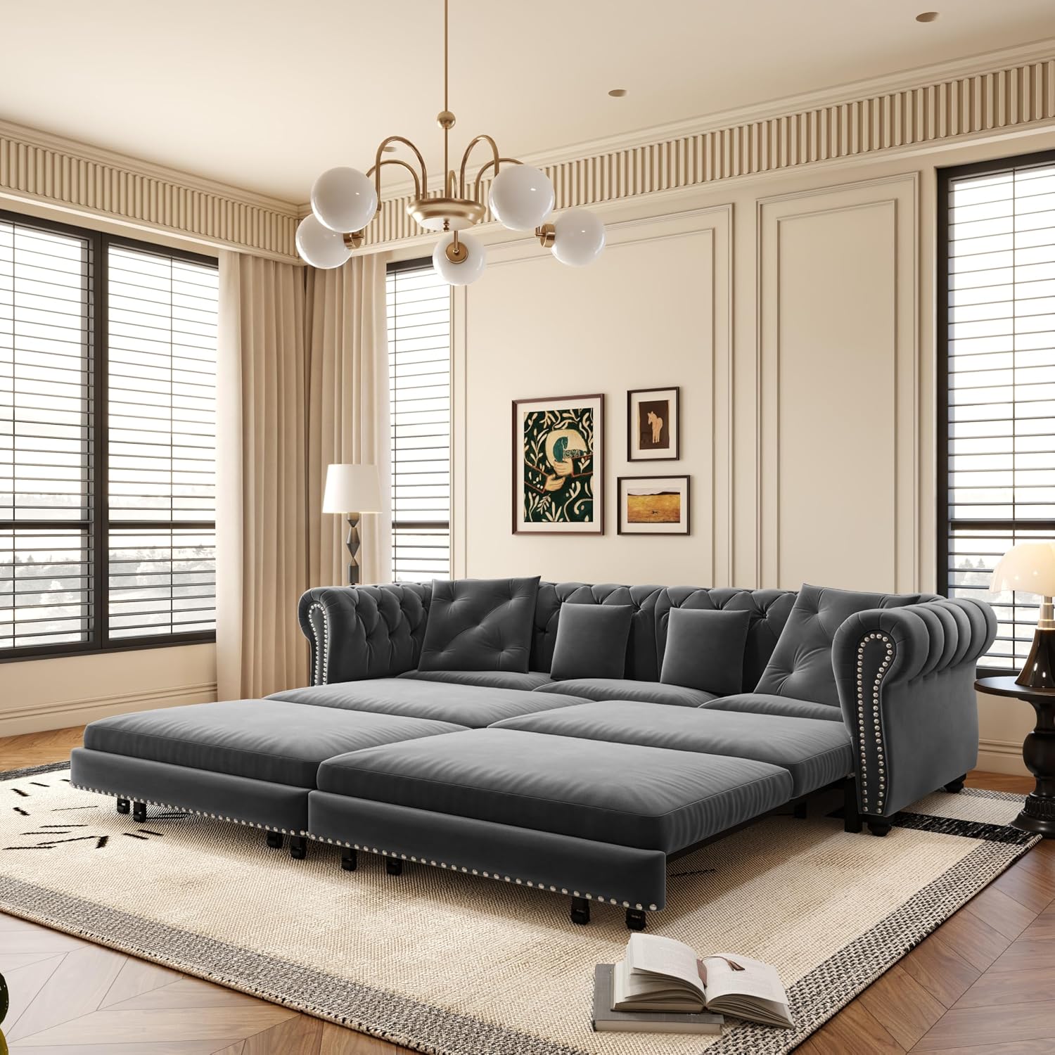 Ball & Cast 3-in-1 Convertible Sofa Bed with Movable Ottoman, 89' Pull Out Couch Bed King Size, Velvet 3 Seater Sleeper Sofa with Nailhead Trim & Rolled Arm,Sofa Couches for Living Room,Blue