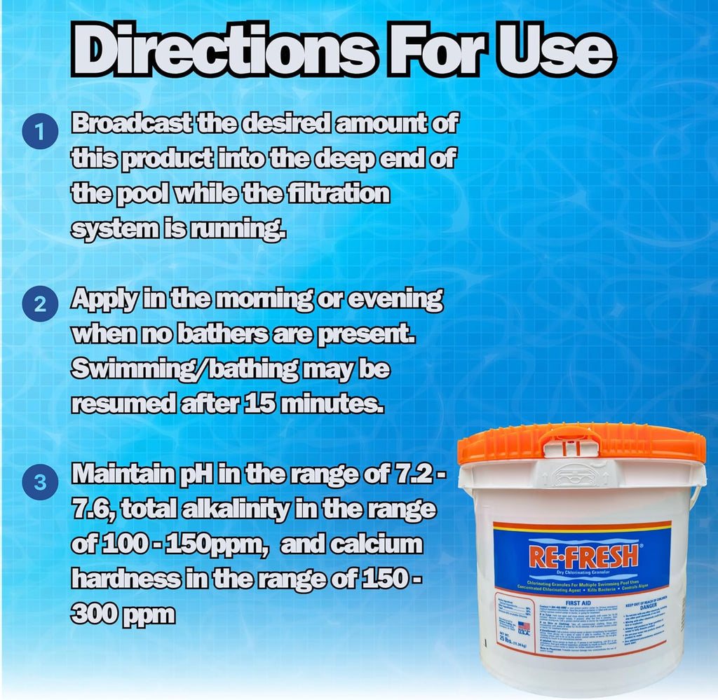 Refresh Granular 68% Active Chlorine Shock | 25-Pound Bucket | Perfect for Swimming Pools, Use As Bactericide, Algaecide, and Disinfectant in Swimming Pools and Spas | Fast Dissolving Shock