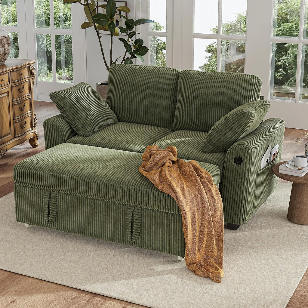 Hanherry 59' Loveseat Sofa with Pull Out Couch Bed, Corduroy 2-in-1 Convertible 2 Seater Sleeper Sofa with USB Charging,Comfy Love Seat for Small Spaces Living Room Apartment