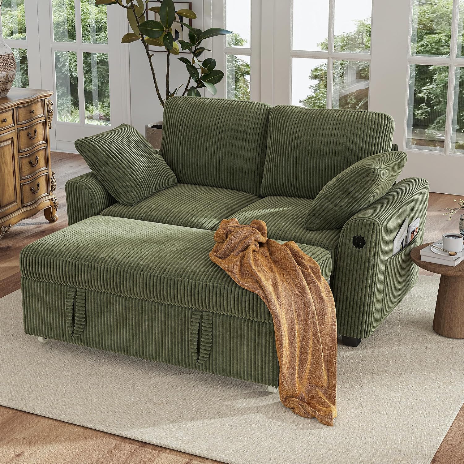 Hanherry 59' Loveseat Sofa with Pull Out Couch Bed, Corduroy 2-in-1 Convertible 2 Seater Sleeper Sofa with USB Charging,Comfy Love Seat for Small Spaces Living Room Apartment