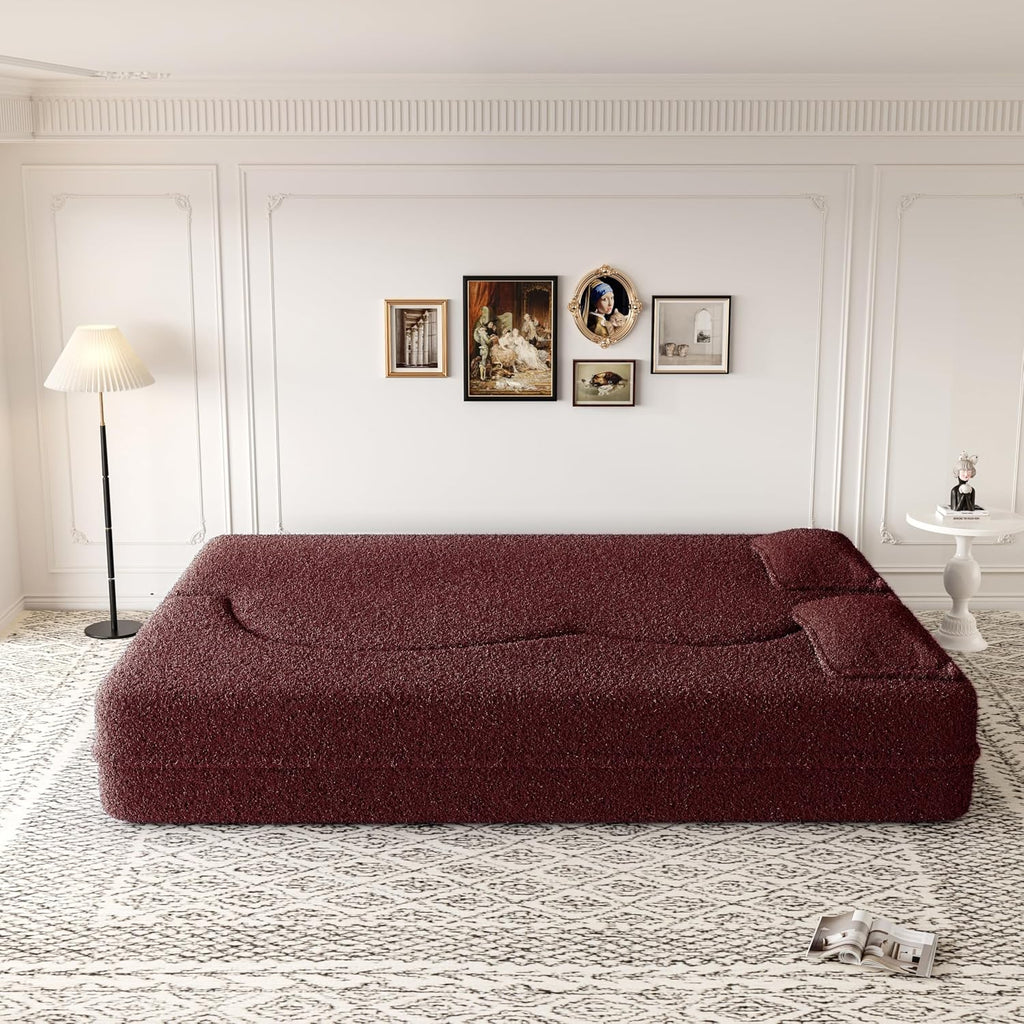 Ball & Cast 78' Floor Sofa Bed with 2 Pillows,Convertible Teddy Fabric Foam-Filled Sleeper Sofa Bed,Pull Out Couch Full Size Folding Mattress for Living Room,Playroom,No Assembly Required,Burgundy
