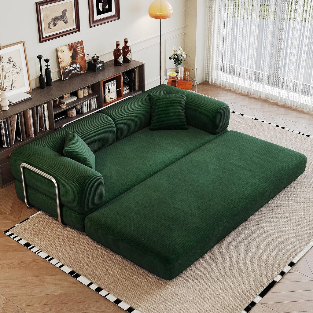 Ball & Cast 78.8' Compressed Modular Sofa Bed, No-Assembly Convertible Floor Futon Couch with Pillow Backrest & Armrest Support, Boneless Corduroy Sleeper Sofa for Living Room & Bedroom, Green
