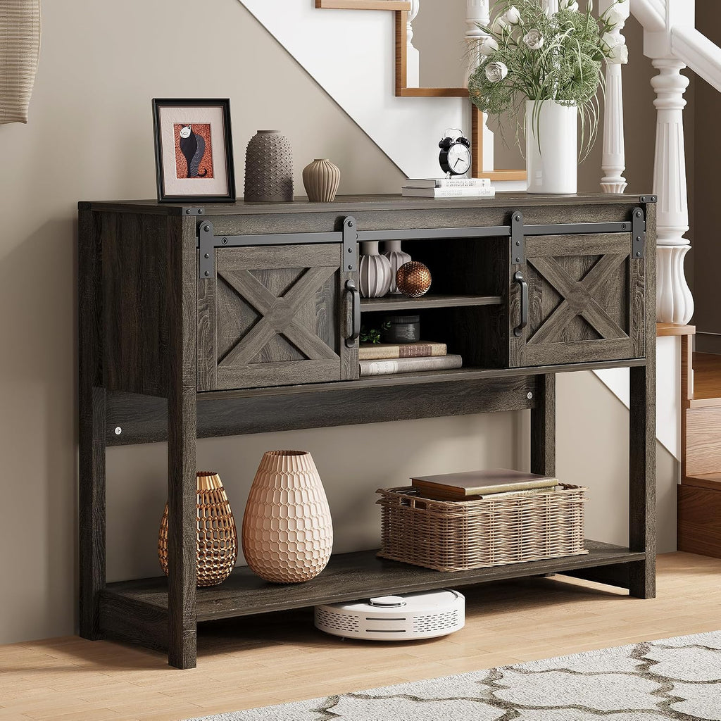 RoyalCraft Console Table with Storage Shelf & Sliding Barn Door, Farmhouse Entryway Table with Storage, 46' Narrow Long Sofa Table, Behind Couch Table, Console Tables for Living Room, Entryway, Foyer