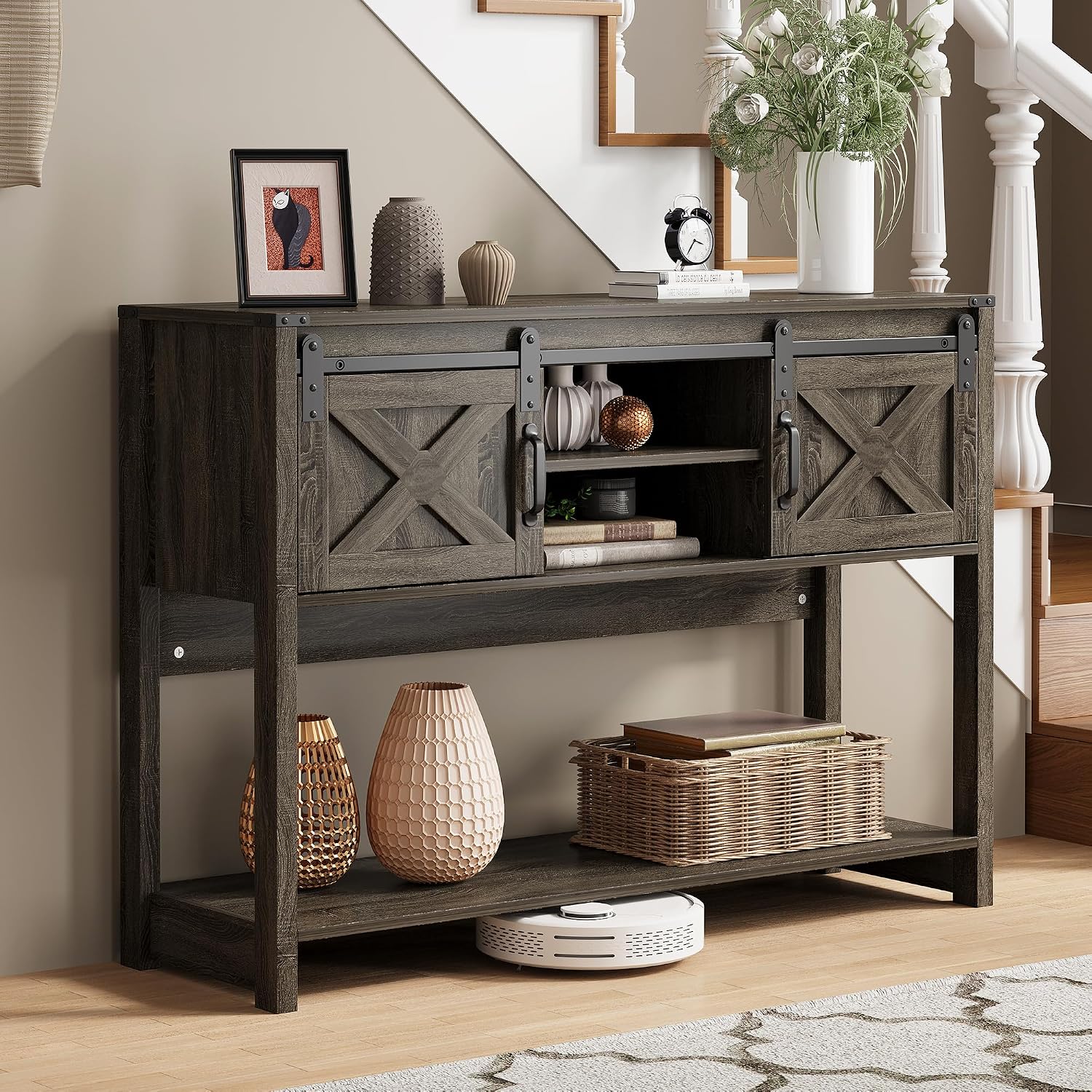 RoyalCraft Console Table with Storage Shelf & Sliding Barn Door, Farmhouse Entryway Table with Storage, 46' Narrow Long Sofa Table, Behind Couch Table, Console Tables for Living Room, Entryway, Foyer