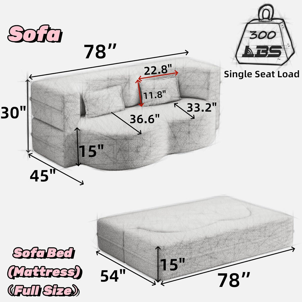 Ball & Cast 78' Sleeper Sofa Bed with 2 Pillows, Convertible Teddy Fabric Foam-Filled Could Couch, Modern Floor Sofa for Living Room,Guest Bed,Playroom,No Assembly Required,Pink