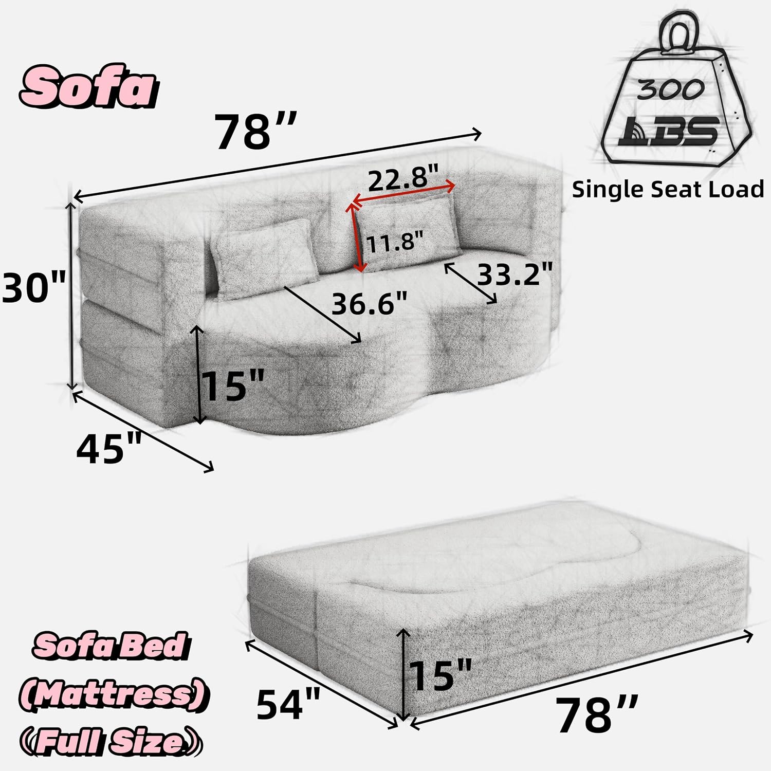 Ball & Cast 78' Sleeper Sofa Bed with 2 Pillows, Convertible Teddy Fabric Foam-Filled Could Couch, Modern Floor Sofa for Living Room,Guest Bed,Playroom,No Assembly Required,Pink