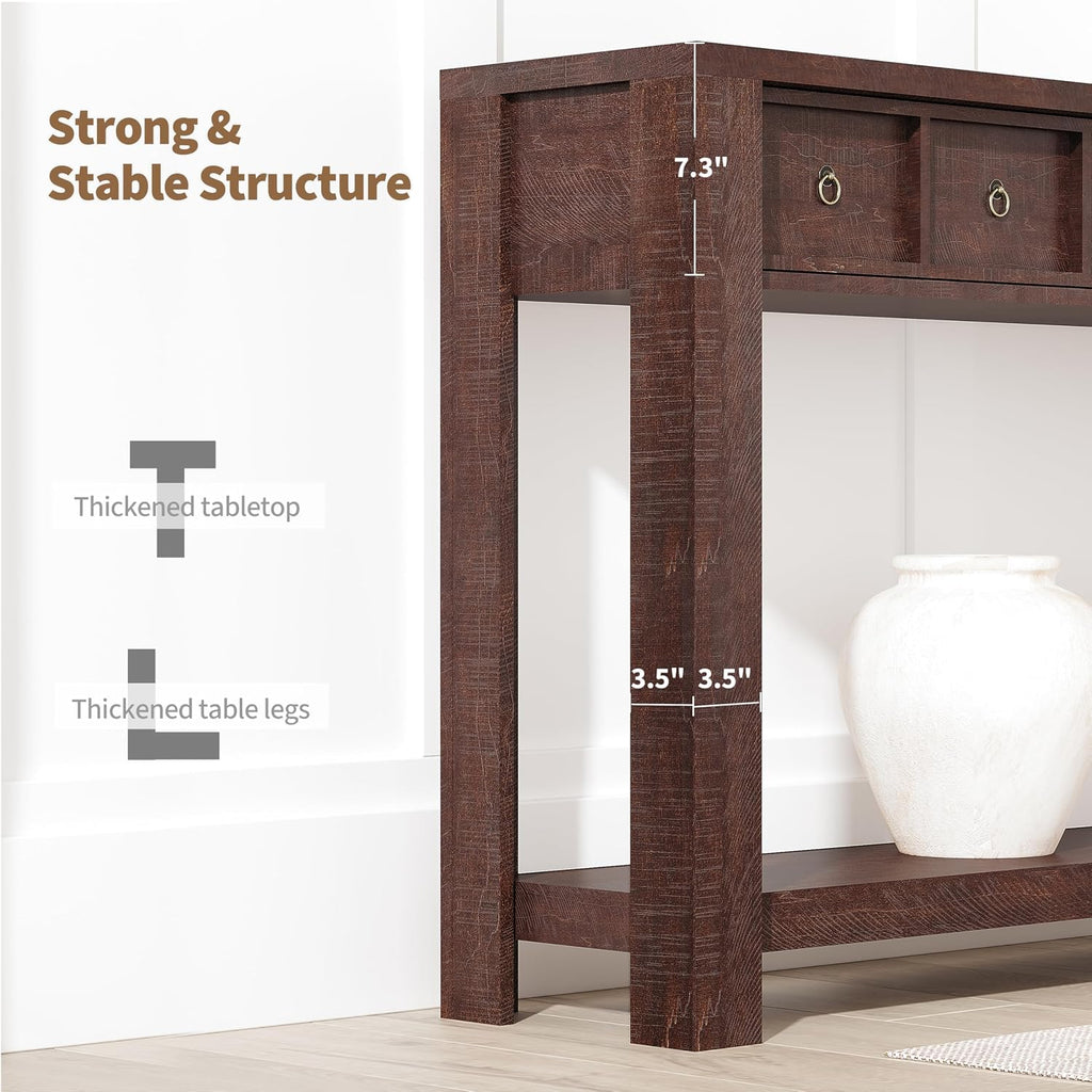 IDEALHOUSE 54inch Rustic Wooden Entryway Table with 2 Drawers & Open Shelf – Farmhouse Console Sofa Table for Hallway, Foyer & Living Room, Brown