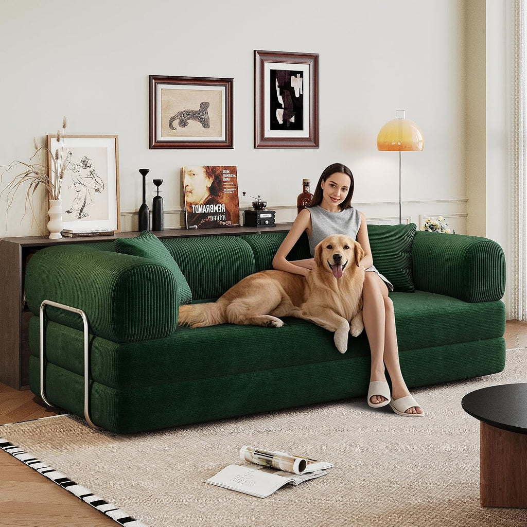Ball & Cast 78.8' Compressed Modular Sofa Bed, No-Assembly Convertible Floor Futon Couch with Pillow Backrest & Armrest Support, Boneless Corduroy Sleeper Sofa for Living Room & Bedroom, Green