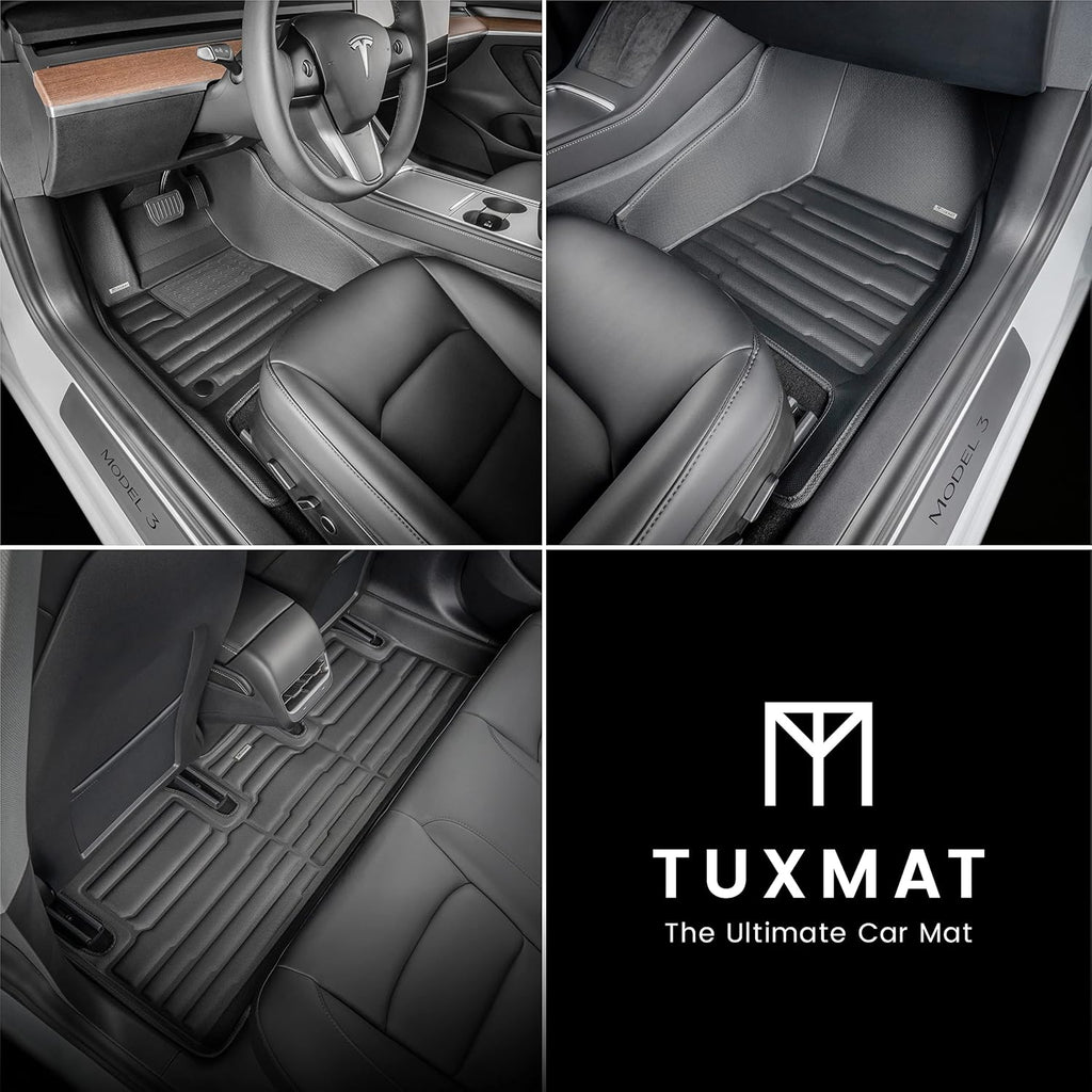 TuxMat - for Tesla Model 3 2017-2023 Models - Custom Car Mats - Maximum Coverage, All Weather, Laser Measured - This Full Set Includes 1st and 2nd Rows Black