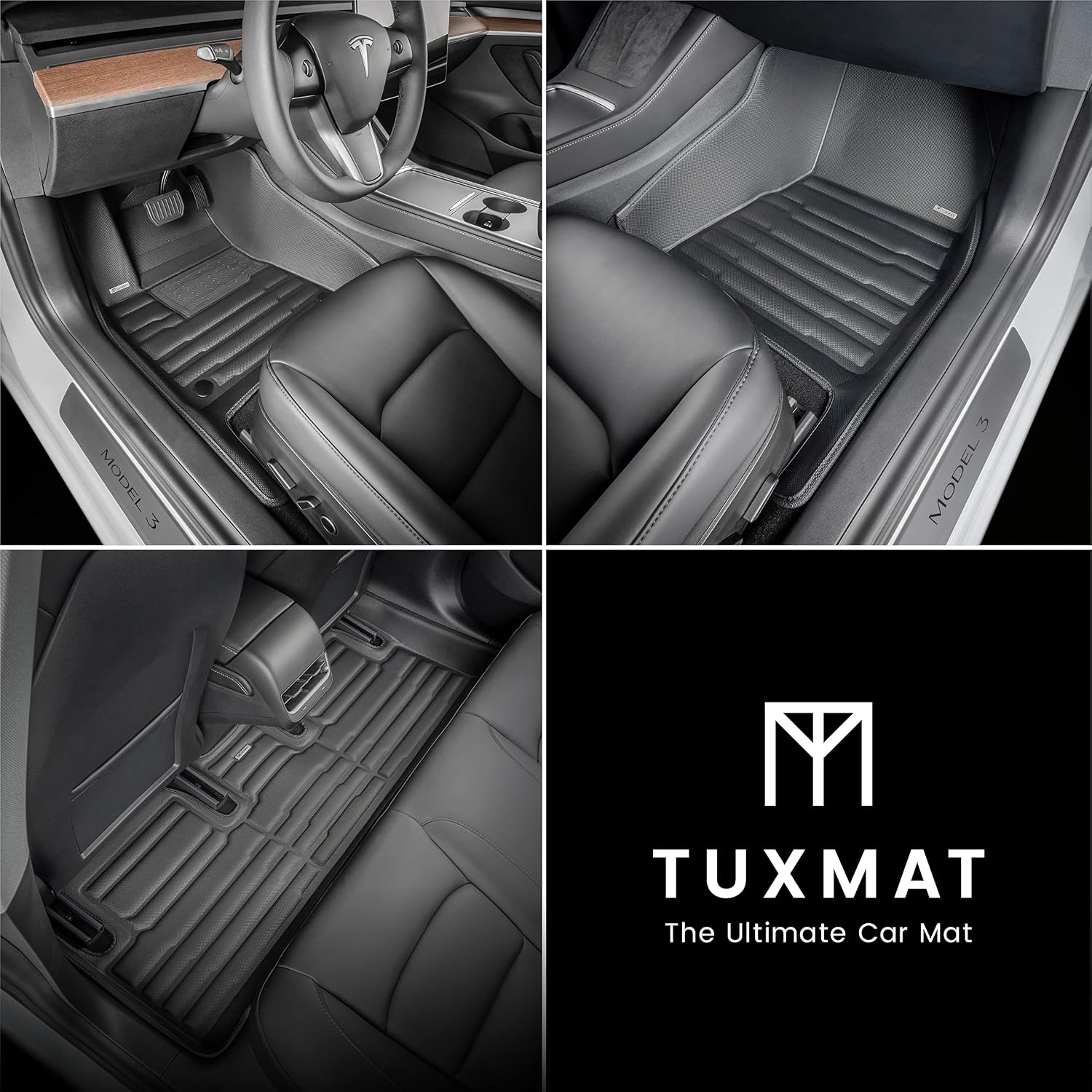 TuxMat - for Tesla Model 3 2017-2023 Models - Custom Car Mats - Maximum Coverage, All Weather, Laser Measured - This Full Set Includes 1st and 2nd Rows Black