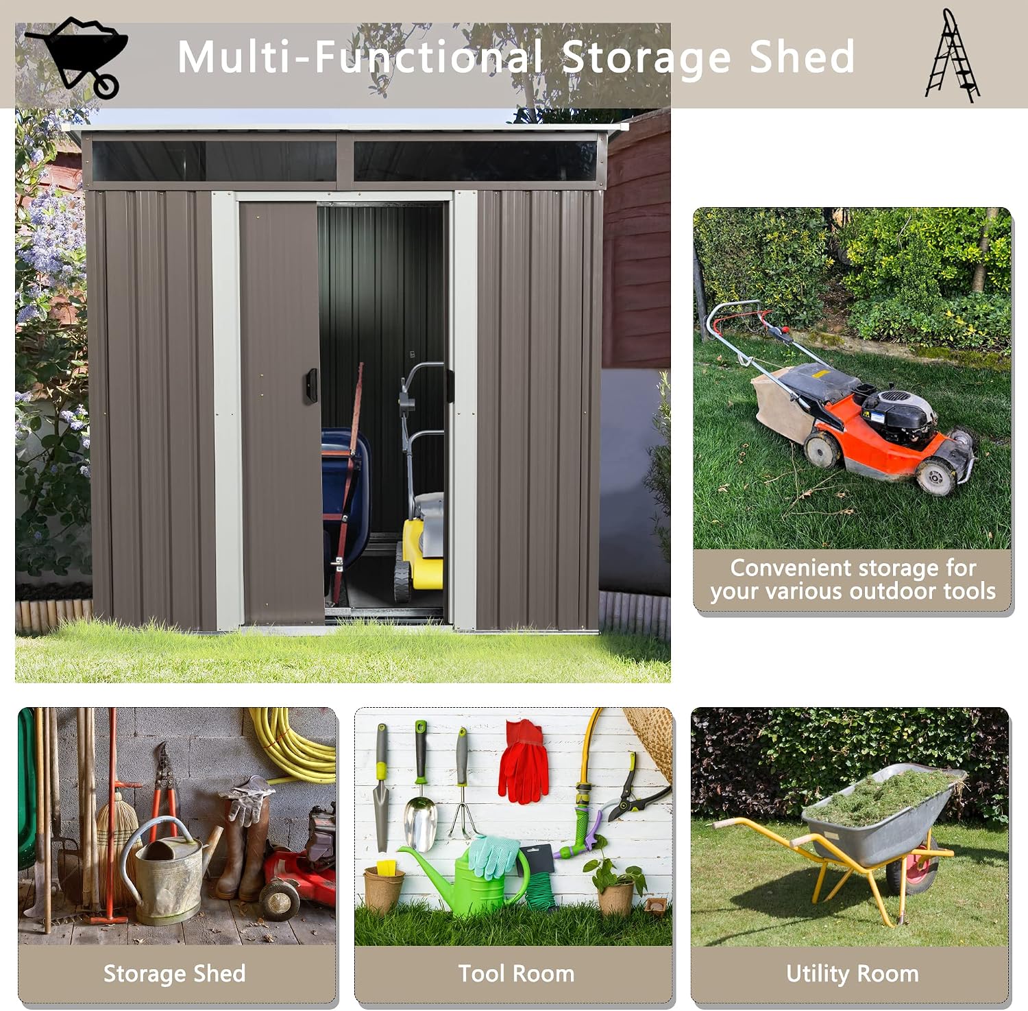 6.4 x 5ft Outdoor Storage Shed Storage Sheds Outdoor with Floor Frame & Lockable Doors,Metal Outdoor Storage Clearance for Backyard Patio Lawn (Gray)