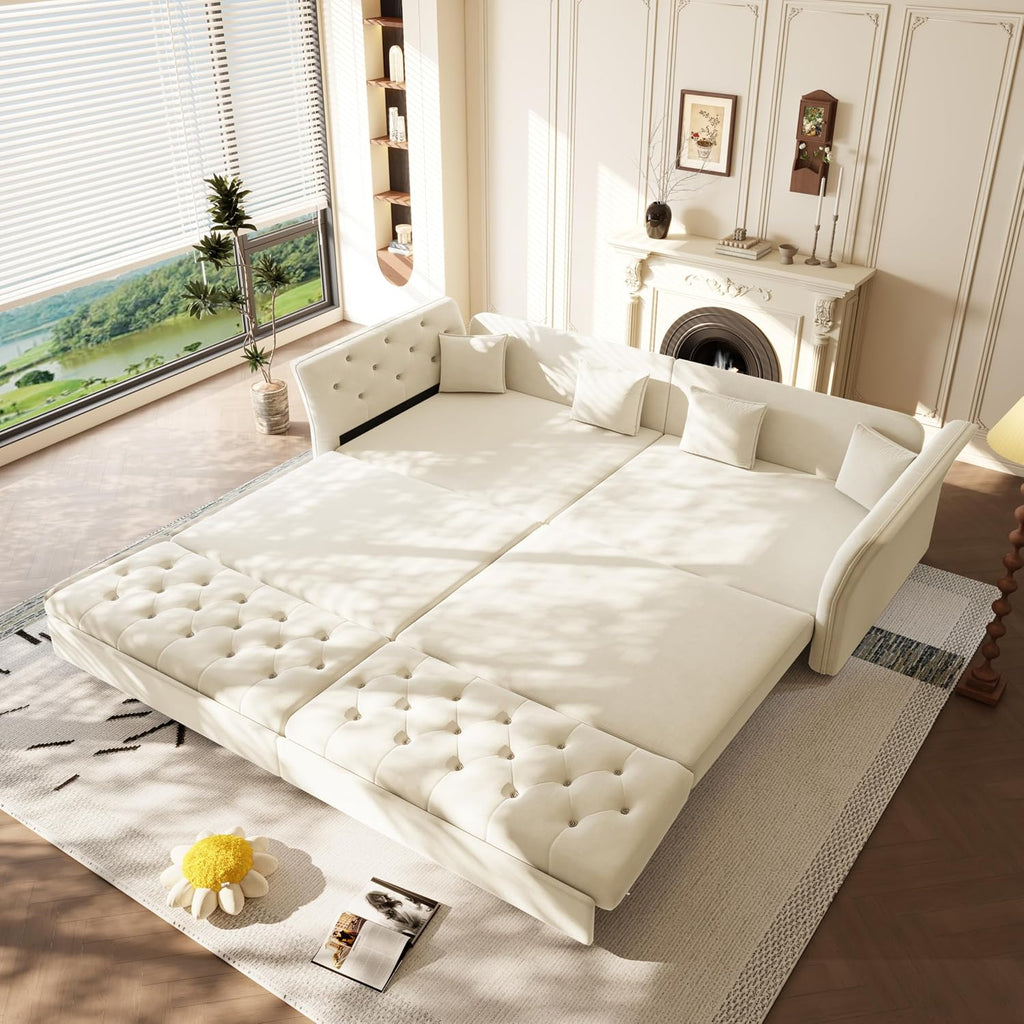 100' King Size Sleeper Sofa Bed, 3-in-1 Convertible Pull Out Chesterfield Sleeper Couch, Oversized Velvet Flower Button Tufted 4-Seat Sofa for Living Room Apartment (Beige White)