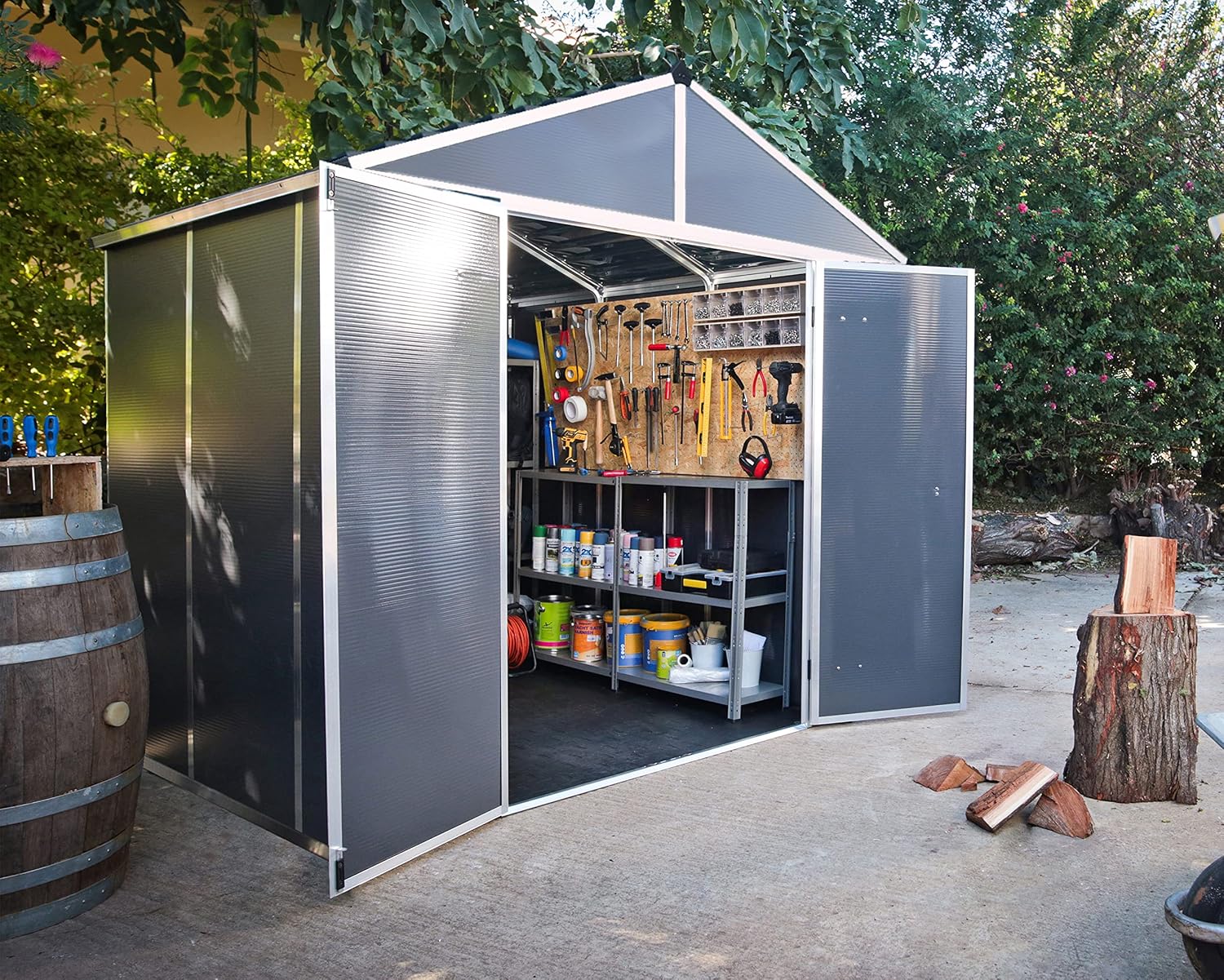 Palram - Canopia Rubicon Storage Shed, 8'x8' DIY Backyard Shed, Gray Polycarbonate Panels and Aluminum Frame, Sheds & Outdoor Storage for Lawn Mower, Bike, Garden Tools, Outdoor Storage Box Shed