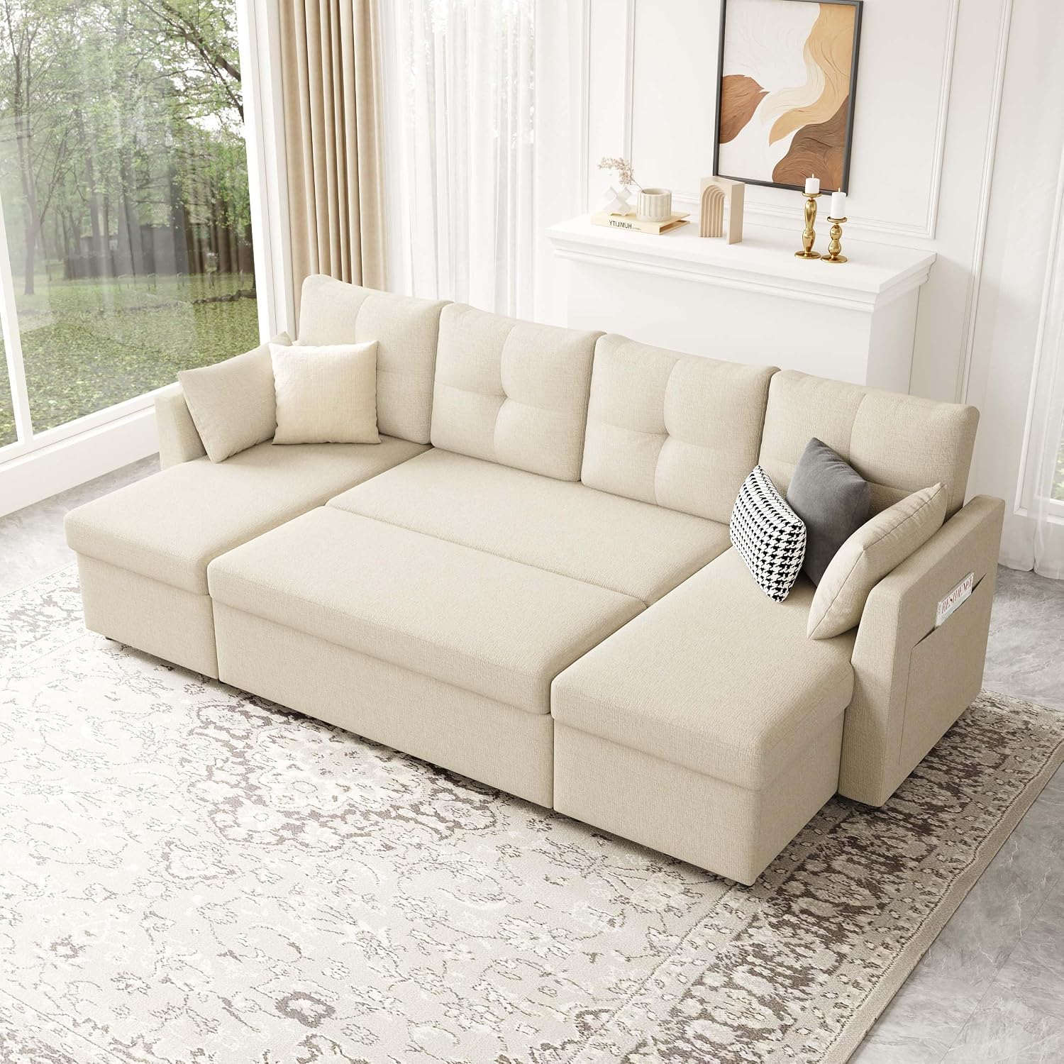 Huatean Home Oversized Sleeper Couch Sofa, Sectional Sleeper Sofa Bed with Side Pocket for Living Room, 110 inch 2 in 1 Pull Out Couch with Double Storage Chaise, Beige
