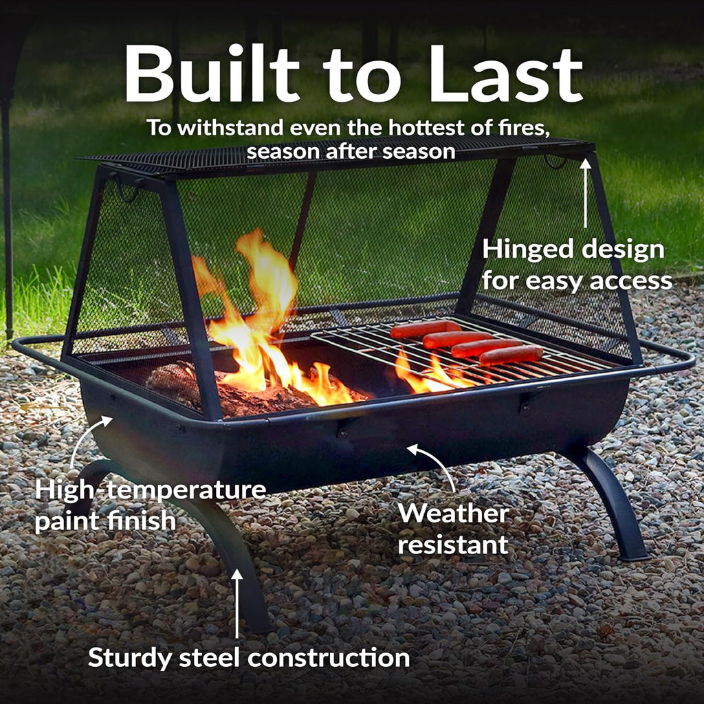 Sunnydaze 36-Inch Northland Steel Outdoor Fire Pit with Grill - Outdoor Fireplace with Cooking Grate, Spark Screen, Cover, and Poker
