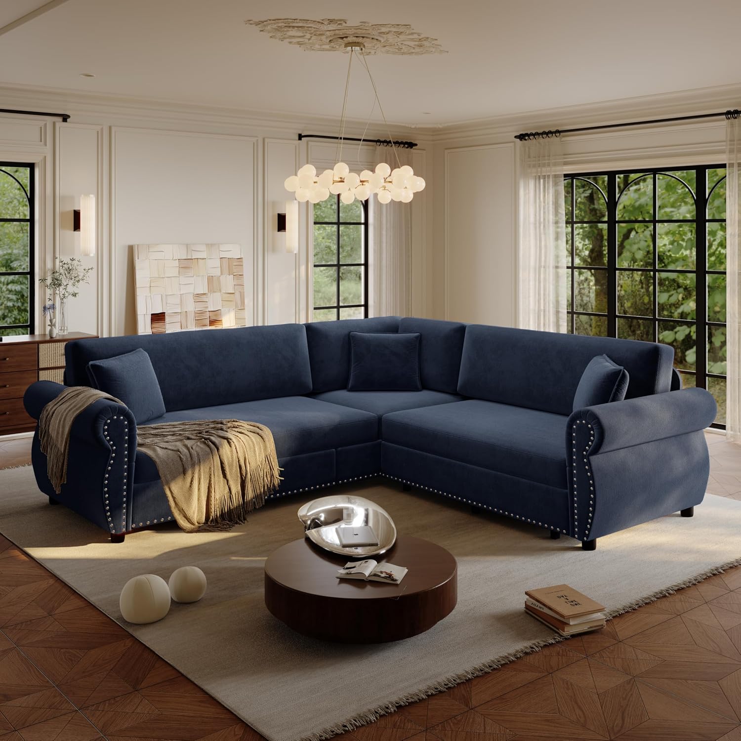 88.2' Sectional Sleeper Sofa with Pull Out Bed - Oversize L-Shaped Convertible Sleeper Couch Bed, Button Tufted Chesterfield Sofa, Chenille Vintage Couches for Living Room/Apartment(4-Seater, Blue)