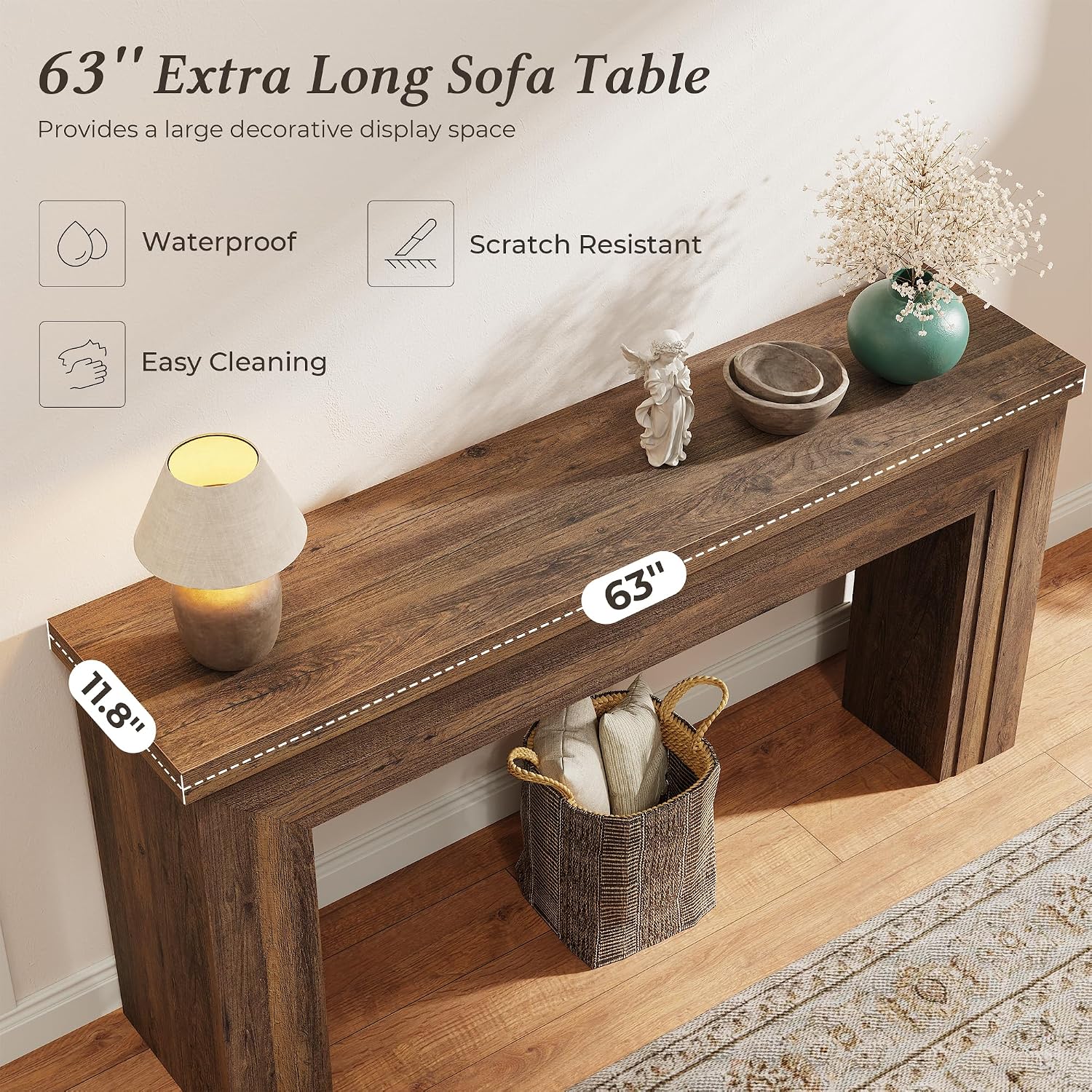 Huuger 63 Inch Entryway Table, Retangular Console Table, Farmhouse Sofa Table Behind the Couch, Long for Entrance, Hallway, Foyer, Living Room, Rustic Brown