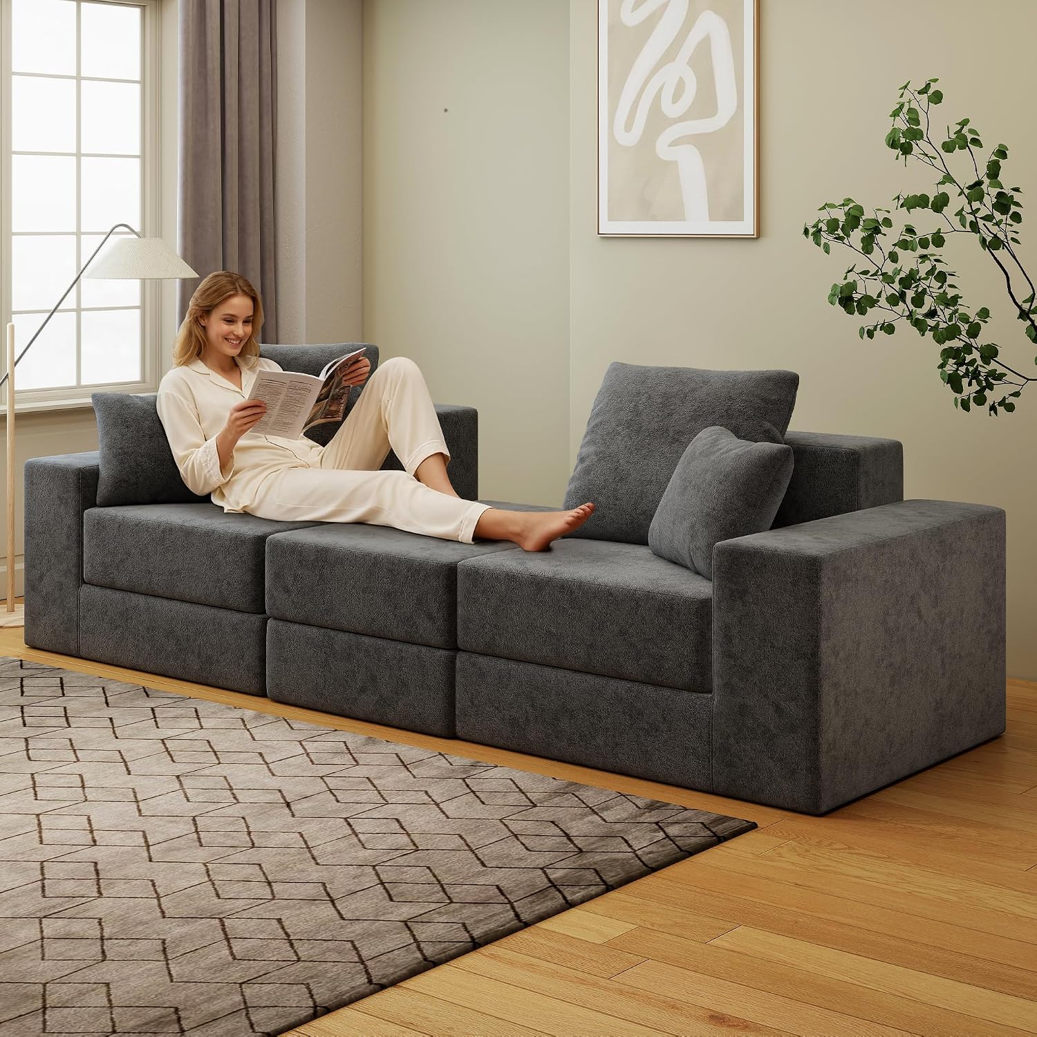 Cloud Modular Sectional Sofa, Comfy Boneless Couch for Living Room, Modern L-Shaped Couch with Reversible Chaise, Customizable Sleeper Sofa Bed with Non Slip, No Assembly & Deep Seat, Dark Grey