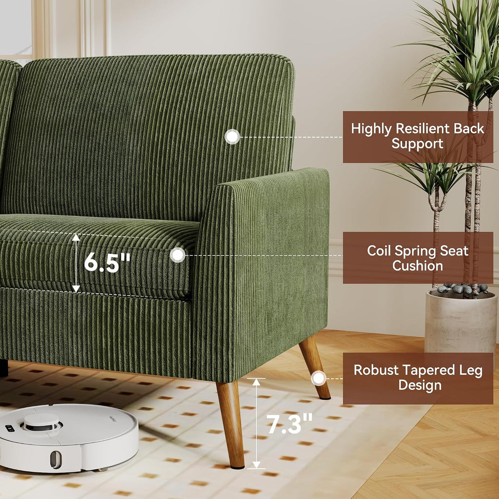 Vipbear 68' Loveseat Sofa - Green, Comfy Corduroy with Spring Cushion, Solid Wood Frame, Modern Deep Seat, Bedroom & Living Room, Office Small Couch