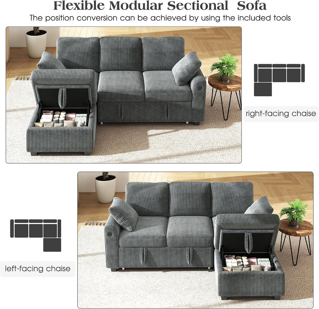 Ihanherry 81-inch Corduroy Modular Sectional Sofa Bed with Storage Ottoman & USB Port, Reversible 3-Seater L-Shaped Sleeper Sofa, Left or Right Fasing Chaise for Living Room（Gray）