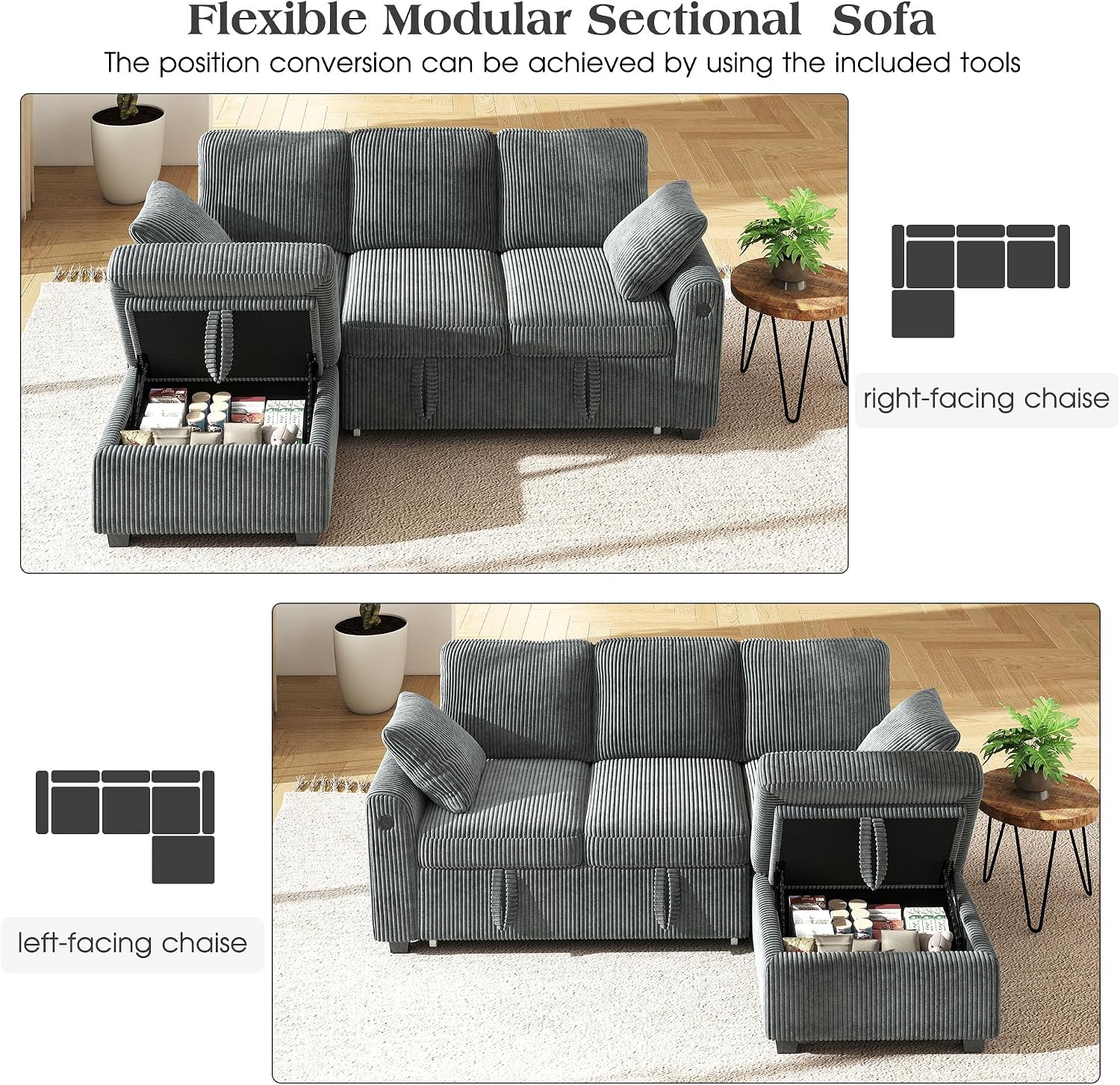 Ihanherry 81-inch Corduroy Modular Sectional Sofa Bed with Storage Ottoman & USB Port, Reversible 3-Seater L-Shaped Sleeper Sofa, Left or Right Fasing Chaise for Living Room（Gray）