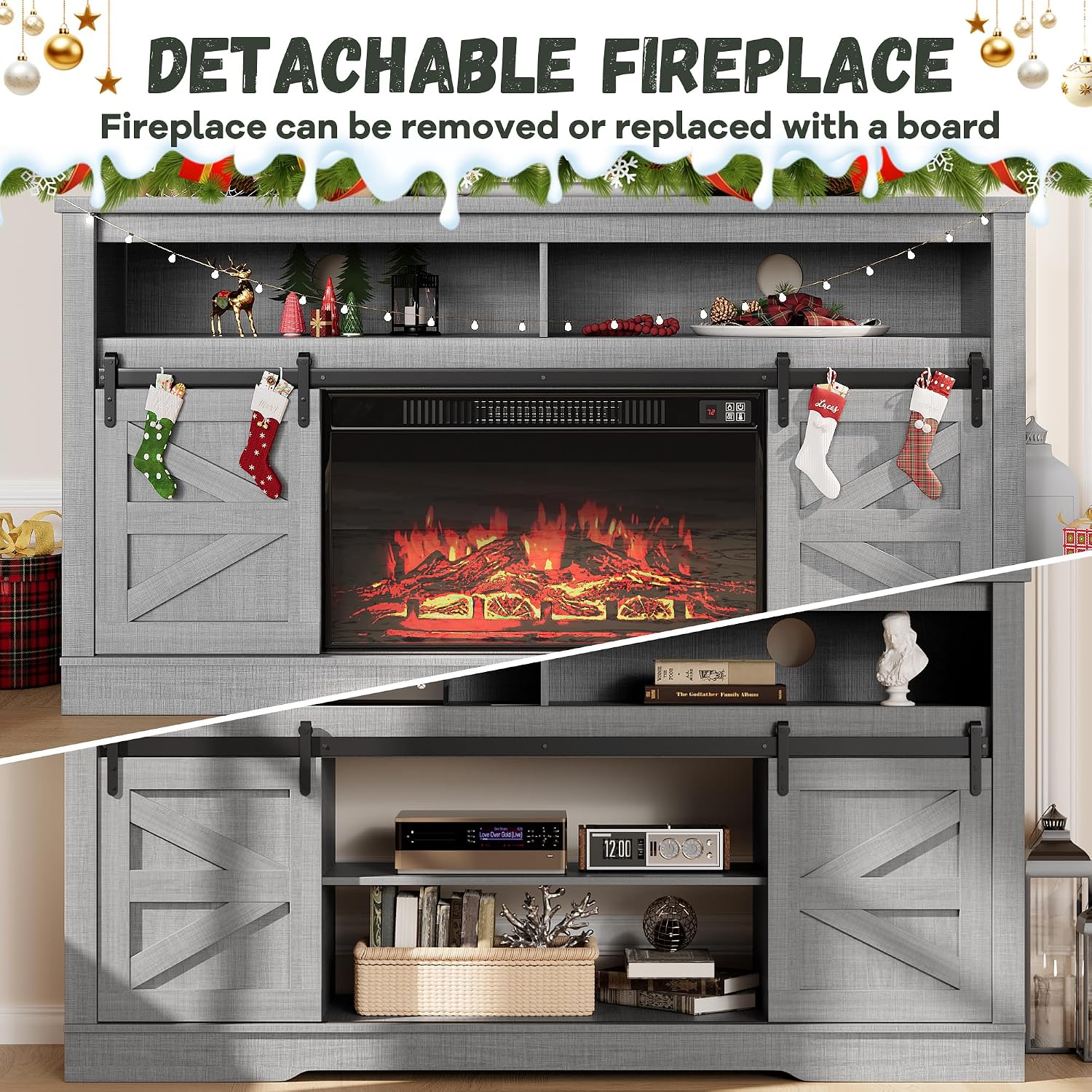 YESHOMY Fireplace TV Stand for Television up to 65+ Inch with Storage and Farmhouse Sliding Barn Doors, Entertainment Center with Cabinet and Shelves, Media Console for Living Room, Gray