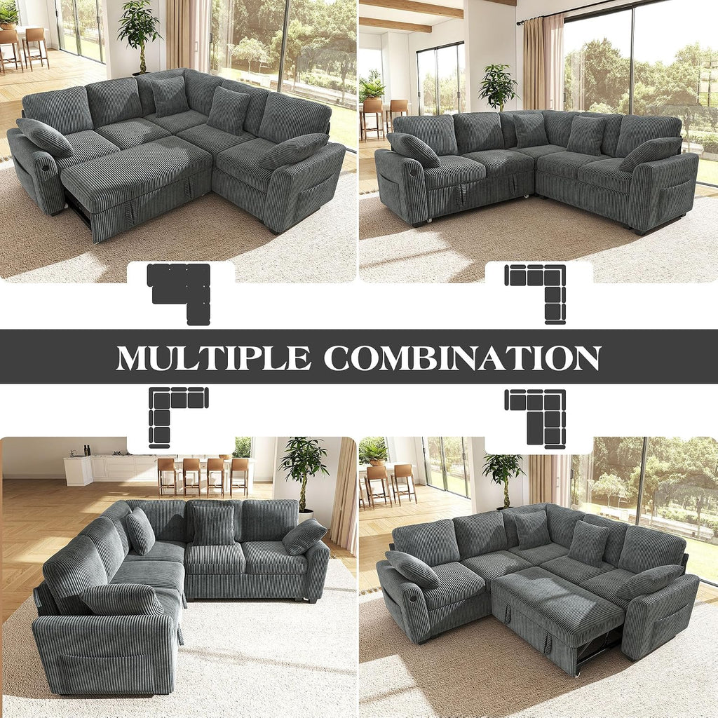 Ihanherry 83-inch 5-Seater Large Sectional Sofa Bed with Storage, Corduroy Reversible Modular Sleeper Sofa with USB Port & 4 Pillows, Convertible L-Shaped Couch for Living Room（Gray）