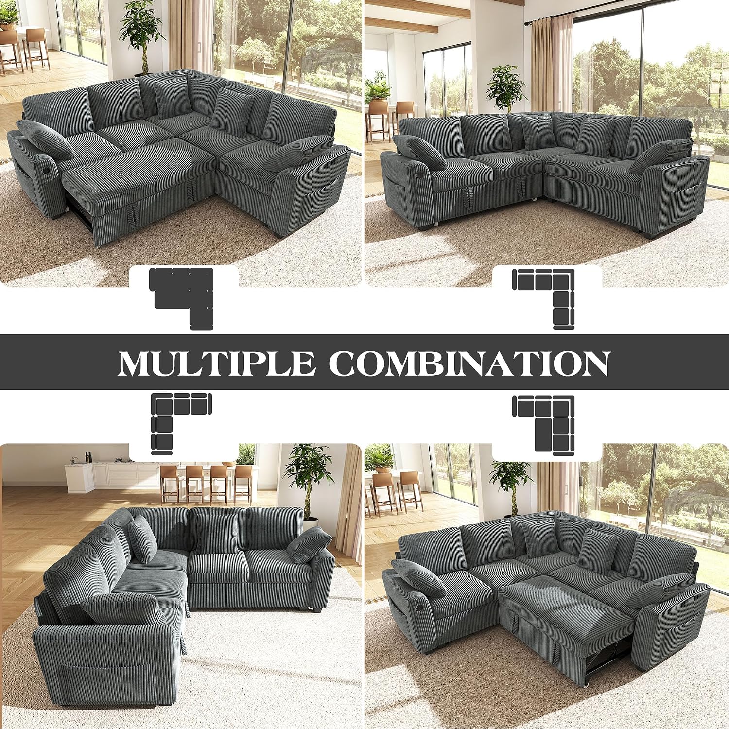 Ihanherry 83-inch 5-Seater Large Sectional Sofa Bed with Storage, Corduroy Reversible Modular Sleeper Sofa with USB Port & 4 Pillows, Convertible L-Shaped Couch for Living Room（Gray）
