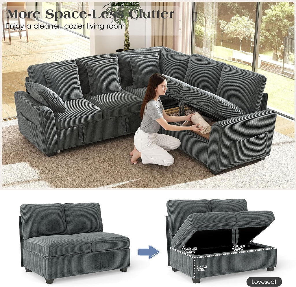 Ihanherry 83-inch 5-Seater Large Sectional Sofa Bed with Storage, Corduroy Reversible Modular Sleeper Sofa with USB Port & 4 Pillows, Convertible L-Shaped Couch for Living Room（Gray）