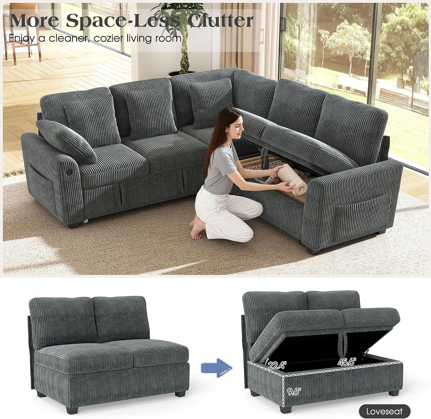 Ihanherry 83-inch 5-Seater Large Sectional Sofa Bed with Storage, Corduroy Reversible Modular Sleeper Sofa with USB Port & 4 Pillows, Convertible L-Shaped Couch for Living Room（Gray）