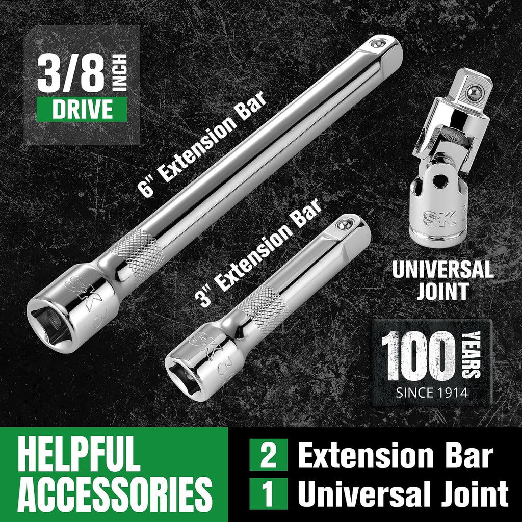 SK 3/8' Drive Socket Set with 160-P Ratchet, 31-Piece, Metric, SuperKrome Finish, Premium CR-V Construction, with EVA Foam Tool Organizer