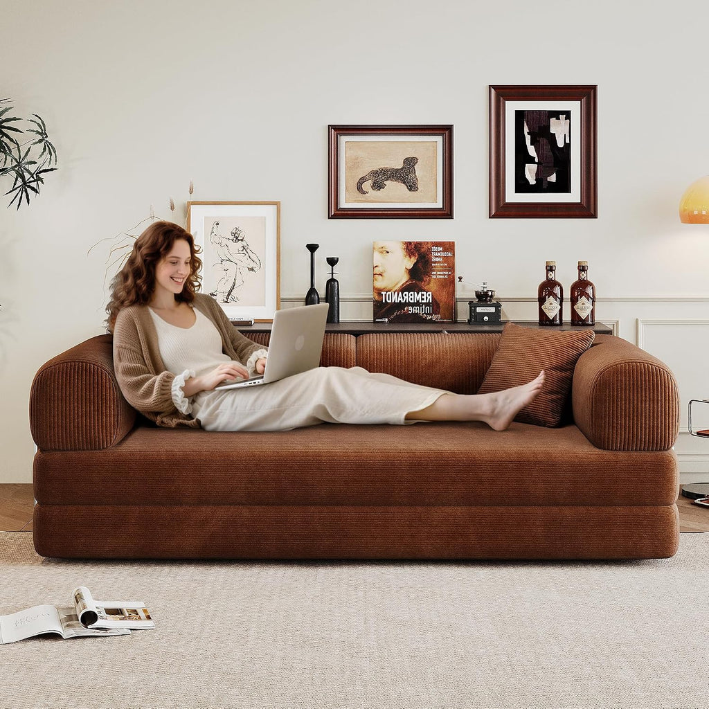 Ball & Cast 78.8' No-Assembly Compressed Sofa Bed, Convertible Floor Futon Couch with Pillow Backrest & Armrest, Boneless Modular Sleeper Sofa in Corduroy for Living Room Bedroom, Brown