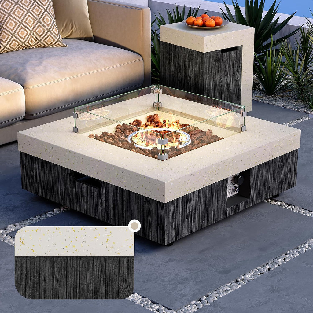 35inch Square Outdoor Propane Fire Pit Table-Black & White Finish,50000 BTU Auto-Ignition,CSA Certified,with 20 Gallon Tank Cover, Glass Wind Guard