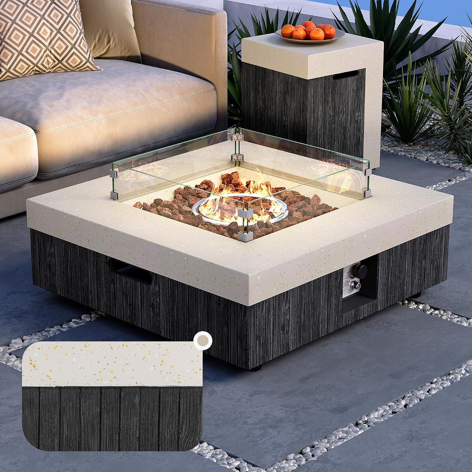 35inch Square Outdoor Propane Fire Pit Table-Black & White Finish,50000 BTU Auto-Ignition,CSA Certified,with 20 Gallon Tank Cover, Glass Wind Guard