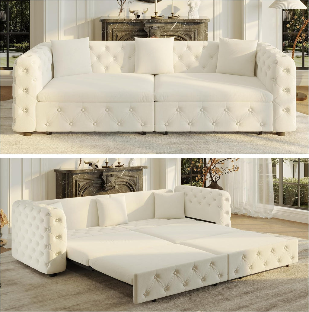 89' King Size Sleeper Sofa Bed, 3-in-1 Convertible Pull Out Chesterfield Sleeper Couch, Oversized Velvet Button Tufted Loveseat Sofa for Living Room Small Spaces, Beige White