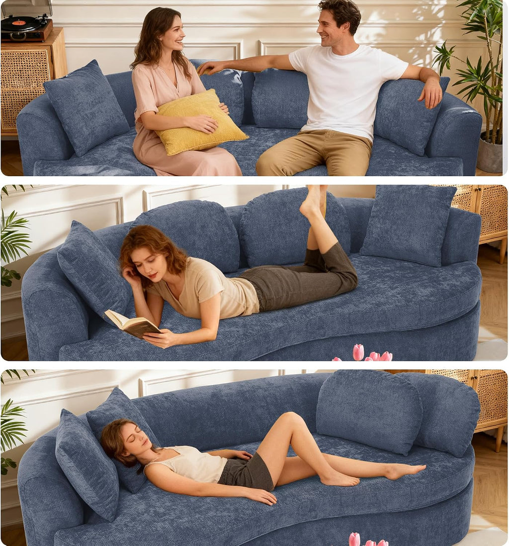 95' Modern Curved Sofa, Chenille Fabric Comfy Cloud Couch, No Assembly Required Half Moon Couch with Deep Seat, 4 Pillows for Living Room, Apartment, Bedroom