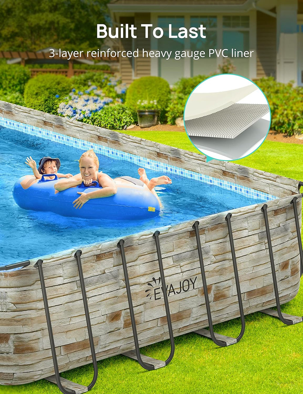 EVAJOY 32ft x 16ft x 52in Metal Frame Swimming Pool Set, Rectangular Above Ground Pool Cover with Sand Filter Pump, Pool Ladder, Ground Cloth for Backyard, Garden, PVC, Blue