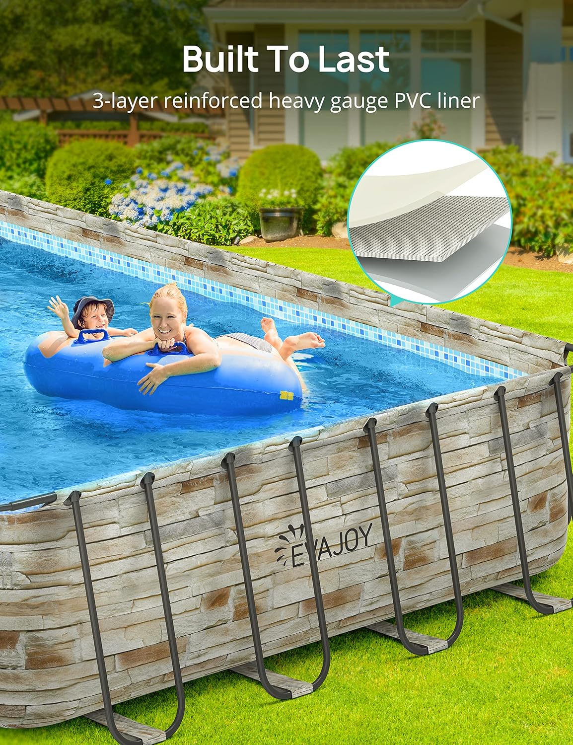 EVAJOY 32ft x 16ft x 52in Metal Frame Swimming Pool Set, Rectangular Above Ground Pool Cover with Sand Filter Pump, Pool Ladder, Ground Cloth for Backyard, Garden, PVC, Blue