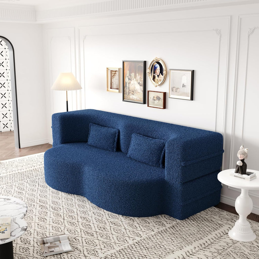 Ball & Cast 78' Floor Sofa Bed with 2 Pillows,Convertible Teddy Fabric Foam-Filled Sleeper Sofa Bed,Pull Out Couch Full Size Folding Mattress for Living Room,Playroom,No Assembly Required,Blue