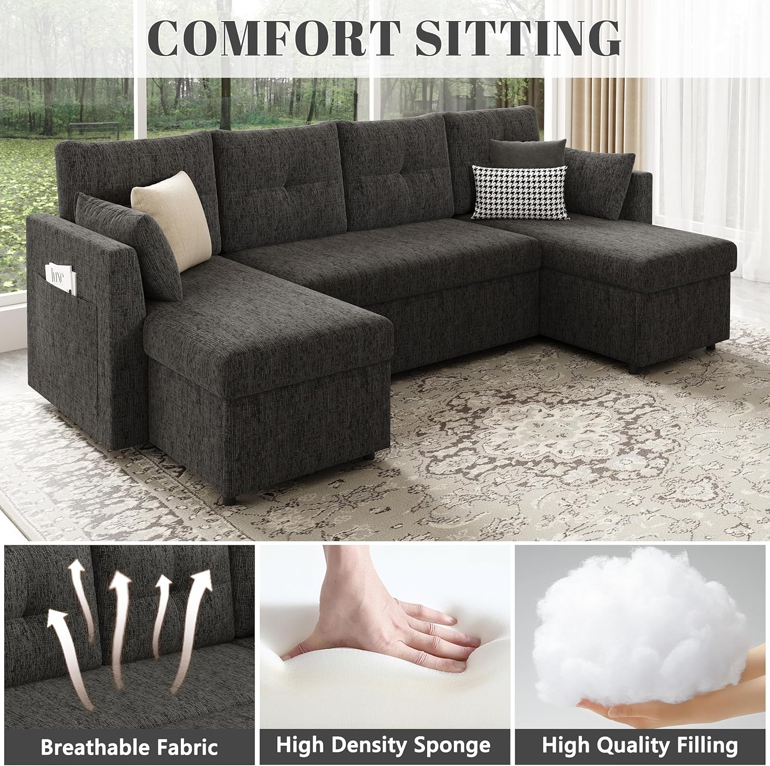Huatean Home Oversized Sleeper Sofa Couch, 110 inch 2 in 1 Pullout Couch Bed with Side Pockets for Living Room, Sectional Sleeper Sofa Bed with Double Storage Chaise, Black