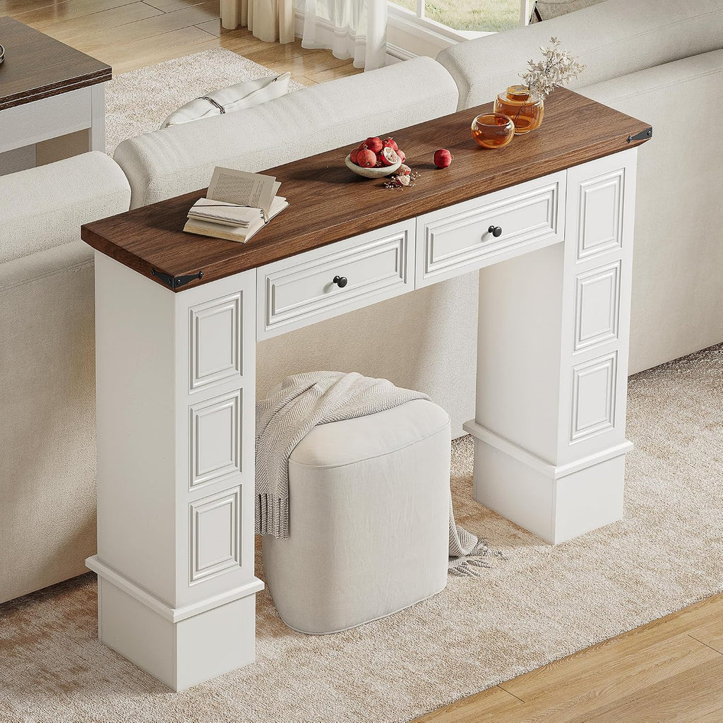 YITAHOME Farmhouse Console Table for Entryway with Storage, Narrow Long Sofa Table Furniture with Non-tip Kit, Behind Couch Table for Hallway, Living Room & Bedroom, Off White & Walnut