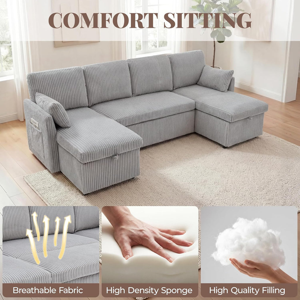 Huatean Home Oversized Sleeper Sofa Couch, 100 inch 2 in 1 Pullout Couch Bed with Side Pockets for Living Room, Sectional Sleeper Sofa Bed with Double Storage Chaise, CloudGrey
