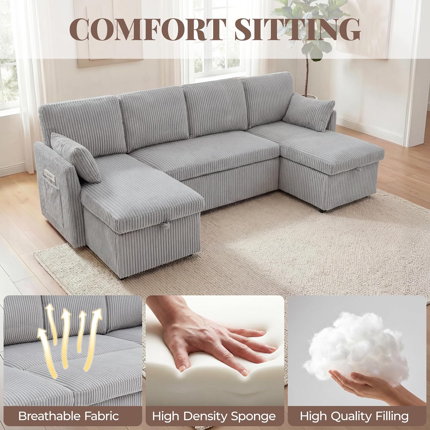 Huatean Home Oversized Sleeper Sofa Couch, 100 inch 2 in 1 Pullout Couch Bed with Side Pockets for Living Room, Sectional Sleeper Sofa Bed with Double Storage Chaise, CloudGrey