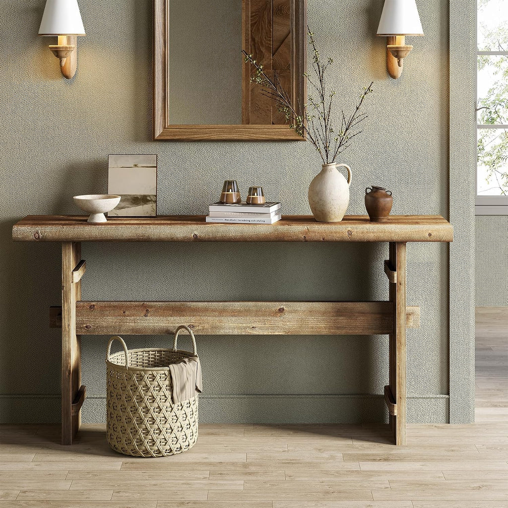 TRIBEWOOD 63-Inch Solid Wood Console Table for Entryway, Narrow Long Farmhouse Sofa Table Behind Couch, for Foyer, Hallway, Living Room, Easy Asswmbly, Brown Greige