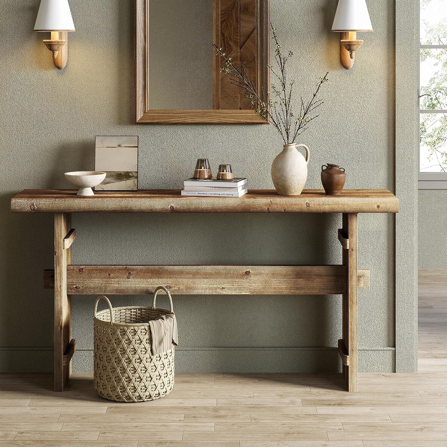 TRIBEWOOD 63-Inch Solid Wood Console Table for Entryway, Narrow Long Farmhouse Sofa Table Behind Couch, for Foyer, Hallway, Living Room, Easy Asswmbly, Brown Greige