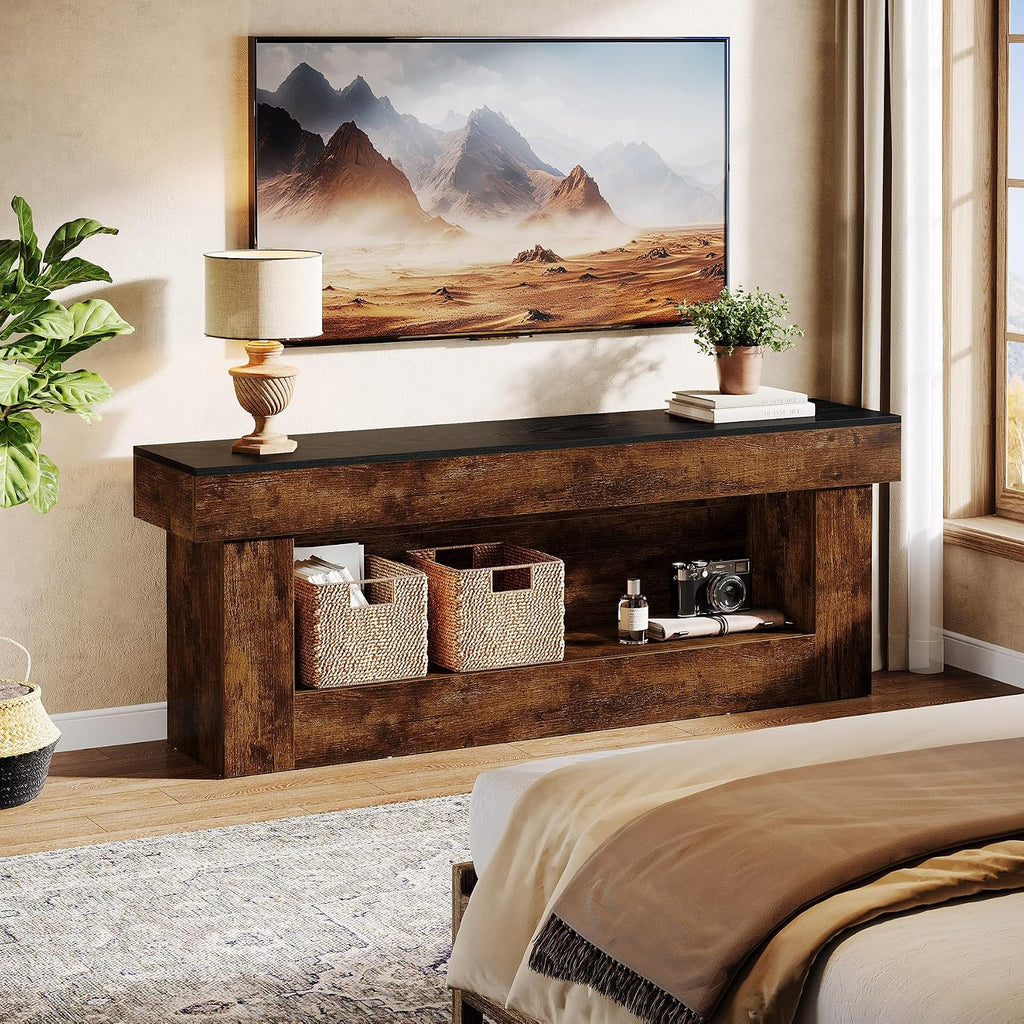 Tribesigns 63-inch TV Stand with Storage, Entertainment Center for 60/65/70 Inches TVs, Rustic Media TV Console with Open Storage Space for Living Room Bedroom, Rustic Brown & Black