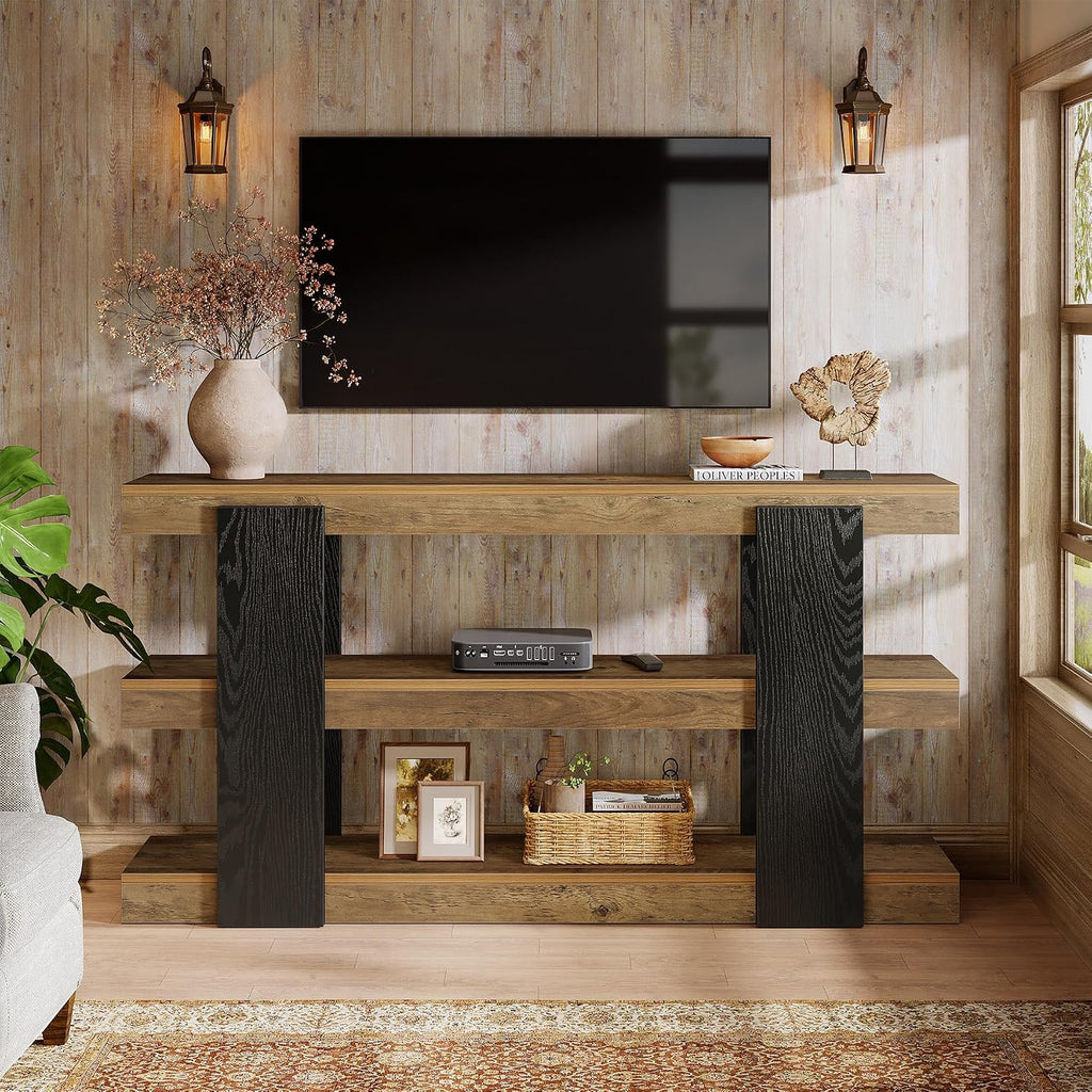 Tribesigns 63-Inch Long Console Table, 3-Tier Entryway Table with Storage, Farmhouse Wood Behind Couch Tables for Entryway, Living Room, Hallway, Rustic Brown & Black