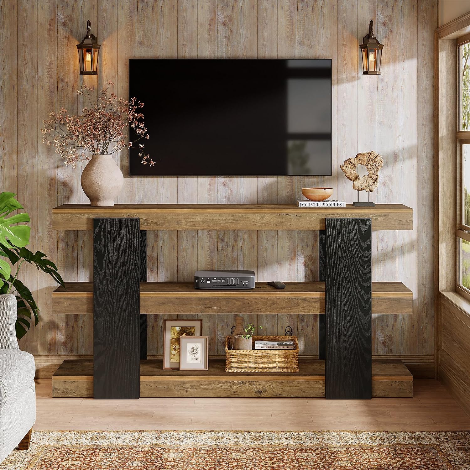 Tribesigns 63-Inch Long Console Table, 3-Tier Entryway Table with Storage, Farmhouse Wood Behind Couch Tables for Entryway, Living Room, Hallway, Rustic Brown & Black